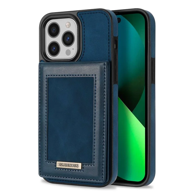 N.BEKUS For iPhone 14 Pro Max 6.7 inch Cell Phone Shell RFID Blocking Vertical Card Holder Kickstand PU Leather+TPU Phone Case - Blue