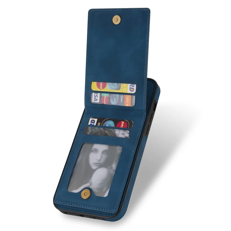 N.BEKUS For iPhone 14 Pro Max 6.7 inch Cell Phone Shell RFID Blocking Vertical Card Holder Kickstand PU Leather+TPU Phone Case - Blue