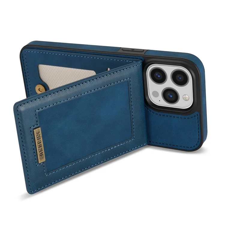 N.BEKUS For iPhone 14 Pro Max 6.7 inch Cell Phone Shell RFID Blocking Vertical Card Holder Kickstand PU Leather+TPU Phone Case - Blue