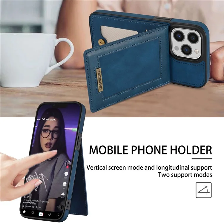 N.BEKUS For iPhone 14 Pro Max 6.7 inch Cell Phone Shell RFID Blocking Vertical Card Holder Kickstand PU Leather+TPU Phone Case - Blue