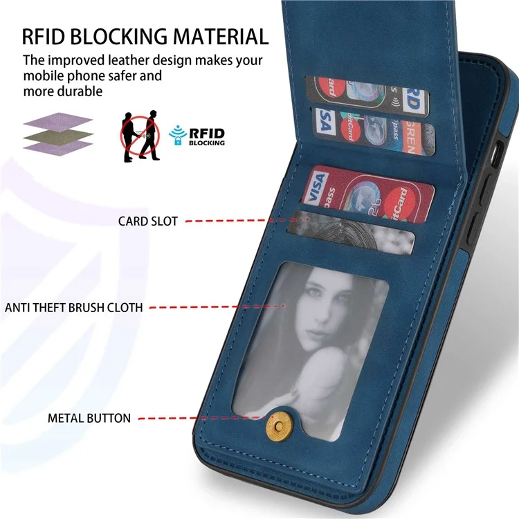 N.BEKUS For iPhone 14 Pro Max 6.7 inch Cell Phone Shell RFID Blocking Vertical Card Holder Kickstand PU Leather+TPU Phone Case - Blue