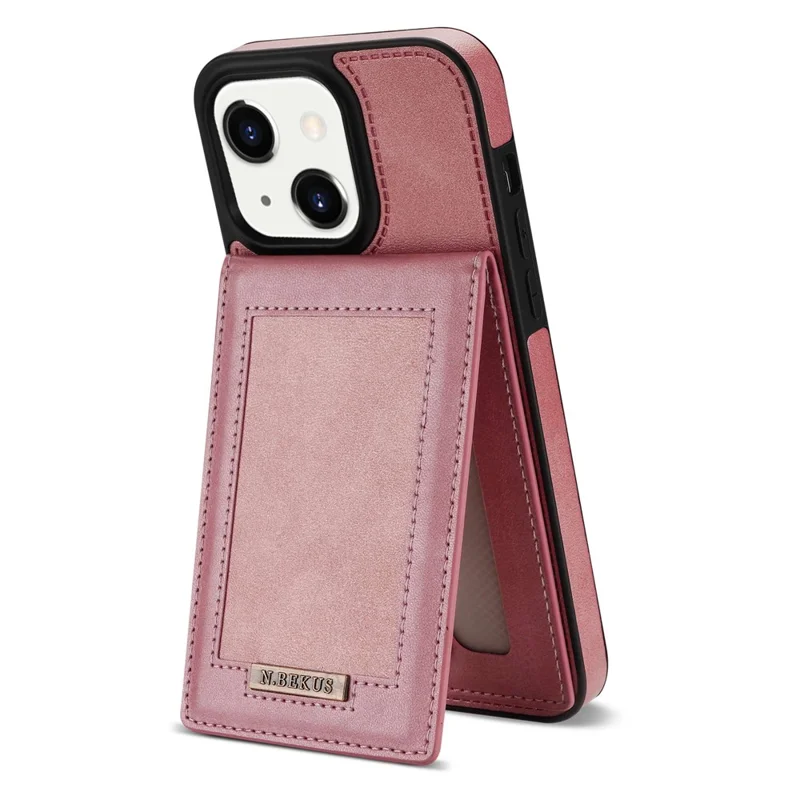 N.BEKUS For iPhone 14 6.1 inch Vertical Card Holder Kickstand Design PU Leather+TPU Phone Case RFID Blocking Phone Cover - Rose Gold