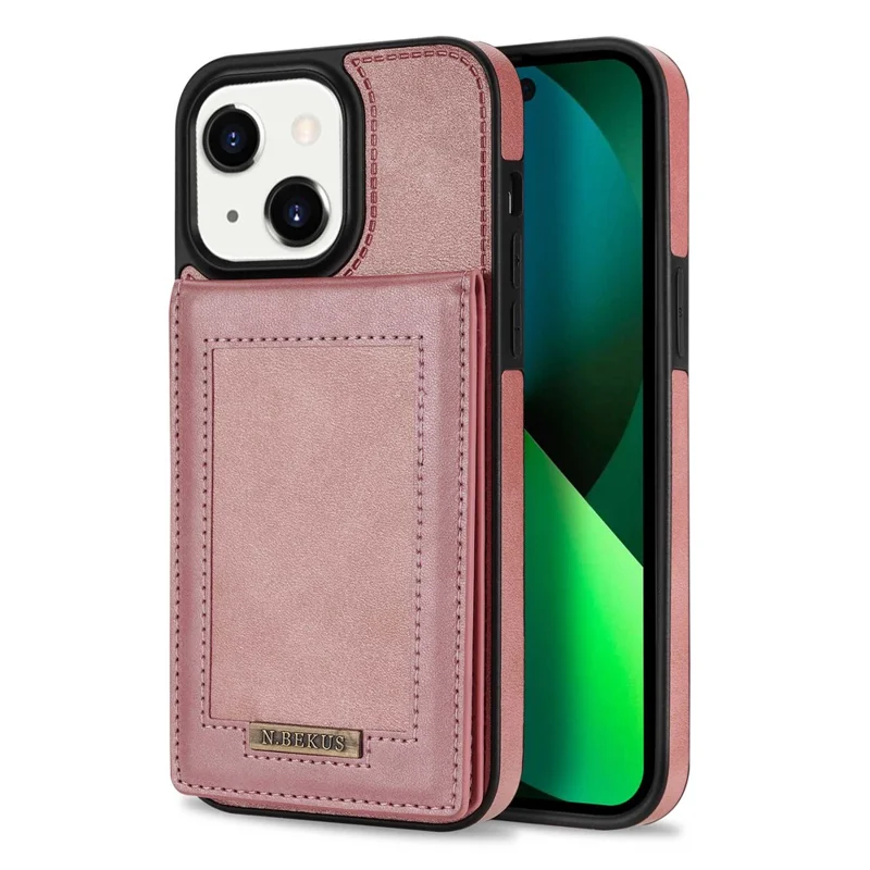 N.BEKUS For iPhone 14 6.1 inch Vertical Card Holder Kickstand Design PU Leather+TPU Phone Case RFID Blocking Phone Cover - Rose Gold