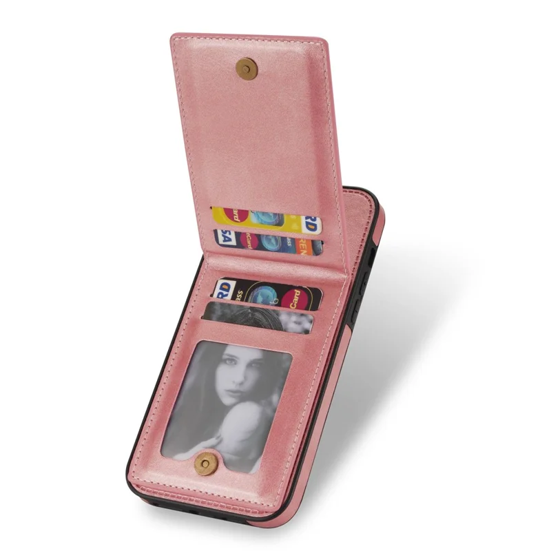 N.BEKUS For iPhone 14 6.1 inch Vertical Card Holder Kickstand Design PU Leather+TPU Phone Case RFID Blocking Phone Cover - Rose Gold