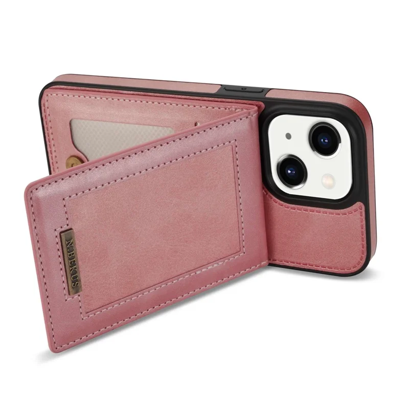 N.BEKUS For iPhone 14 6.1 inch Vertical Card Holder Kickstand Design PU Leather+TPU Phone Case RFID Blocking Phone Cover - Rose Gold