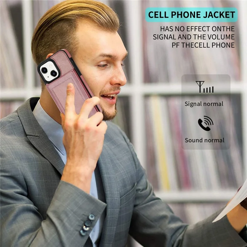 N.BEKUS For iPhone 14 6.1 inch Vertical Card Holder Kickstand Design PU Leather+TPU Phone Case RFID Blocking Phone Cover - Rose Gold