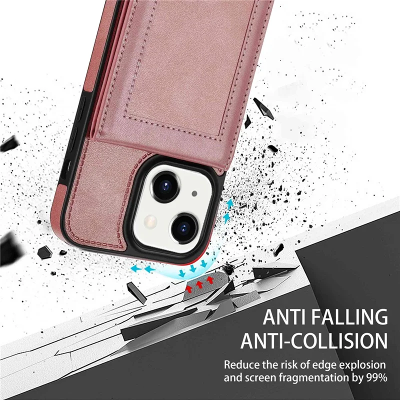 N.BEKUS For iPhone 14 6.1 inch Vertical Card Holder Kickstand Design PU Leather+TPU Phone Case RFID Blocking Phone Cover - Rose Gold