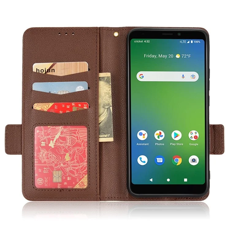 Per Vision Cricket Plus Litchi Texture Dual Magnetic Clasp Telefono Case di Pelliccia Pul Portafoglio Coperchio - Marrone