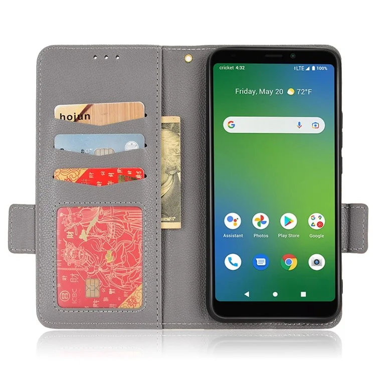 For Cricket Vision Plus Litchi Texture Dual Magnetic Clasp Phone Case PU Leather Stand Wallet Flip Cover - Grey