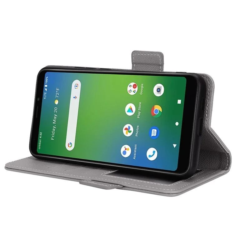 For Cricket Vision Plus Litchi Texture Dual Magnetic Clasp Phone Case PU Leather Stand Wallet Flip Cover - Grey