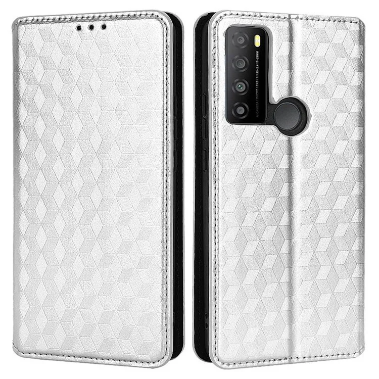 Funda de cartera con patrón de rombos en piel sintética para TCL 30 XL T701DL, cierre magnético automático y soporte plegable - Plata