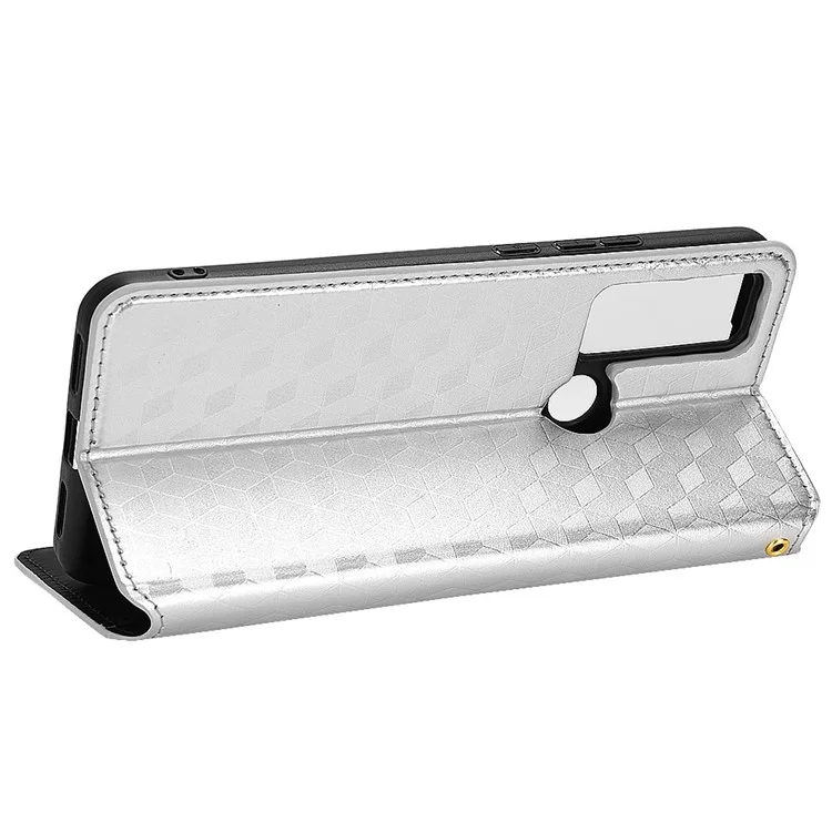 Funda de cartera con patrón de rombos en piel sintética para TCL 30 XL T701DL, cierre magnético automático y soporte plegable - Plata