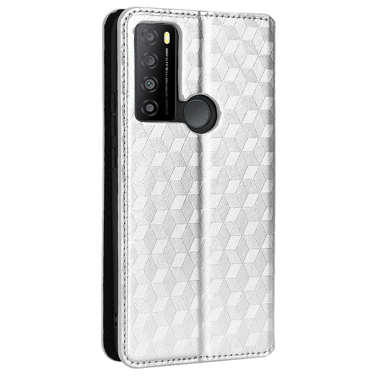 Funda de cartera con patrón de rombos en piel sintética para TCL 30 XL T701DL, cierre magnético automático y soporte plegable - Plata