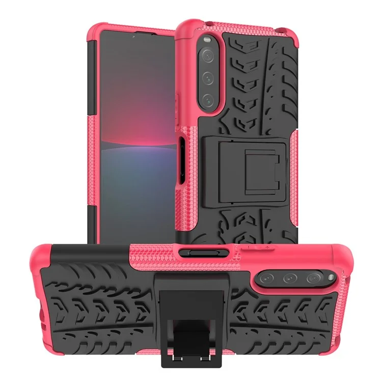 Para Sony Xperia 10 IV 5G PC Duro PC Suave TPU Caso Protector de Protección Anti-scratch Patrón de Neumáticos Cubierta de Característica de Patada - Rosa