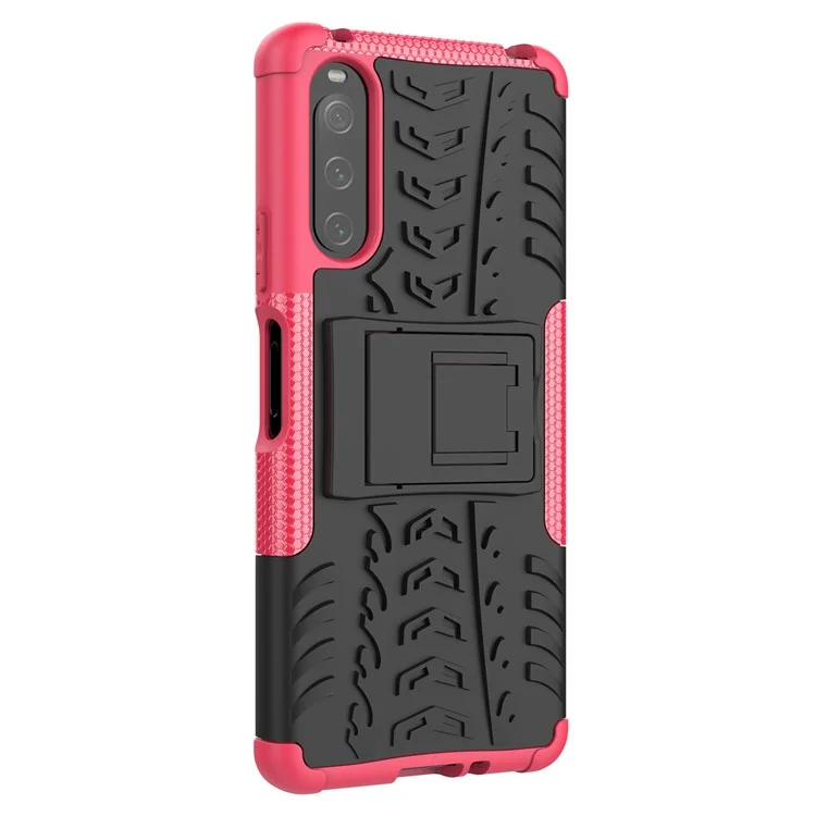 Para Sony Xperia 10 IV 5G PC Duro PC Suave TPU Caso Protector de Protección Anti-scratch Patrón de Neumáticos Cubierta de Característica de Patada - Rosa
