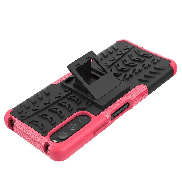 Para Sony Xperia 10 IV 5G PC Duro PC Suave TPU Caso Protector de Protección Anti-scratch Patrón de Neumáticos Cubierta de Característica de Patada - Rosa