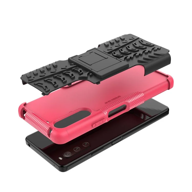 Para Sony Xperia 10 IV 5G PC Duro PC Suave TPU Caso Protector de Protección Anti-scratch Patrón de Neumáticos Cubierta de Característica de Patada - Rosa