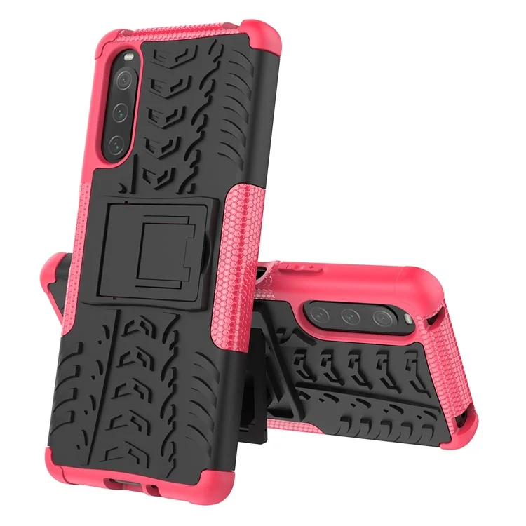 Para Sony Xperia 10 IV 5G PC Duro PC Suave TPU Caso Protector de Protección Anti-scratch Patrón de Neumáticos Cubierta de Característica de Patada - Rosa