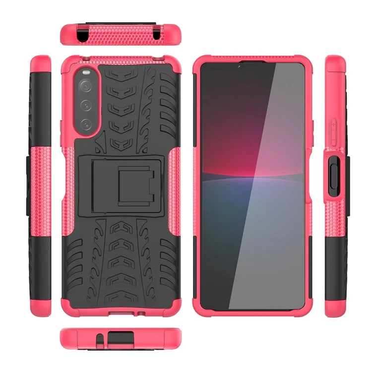 Para Sony Xperia 10 IV 5G PC Duro PC Suave TPU Caso Protector de Protección Anti-scratch Patrón de Neumáticos Cubierta de Característica de Patada - Rosa