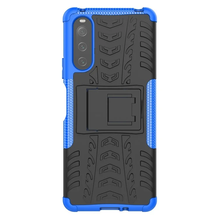 For Sony Xperia 10 IV 5G Hard PC Soft TPU Protective Case Anti-scratch Tyre Pattern Design Kickstand Feature Cover - Blue