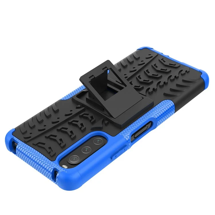 For Sony Xperia 10 IV 5G Hard PC Soft TPU Protective Case Anti-scratch Tyre Pattern Design Kickstand Feature Cover - Blue