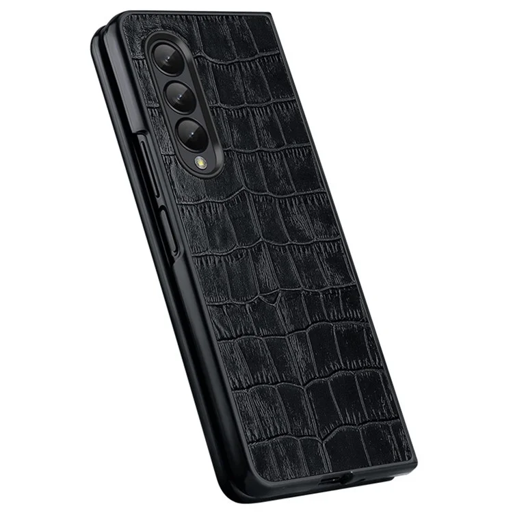 Pour Samsung Galaxy Z Fold4 5G Coque de téléphone en cuir véritable avec motif crocodile antichoc - Noir