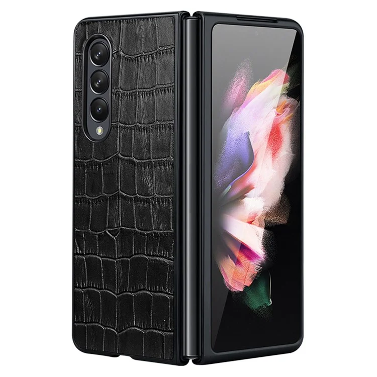 Pour Samsung Galaxy Z Fold4 5G Coque de téléphone en cuir véritable avec motif crocodile antichoc - Noir