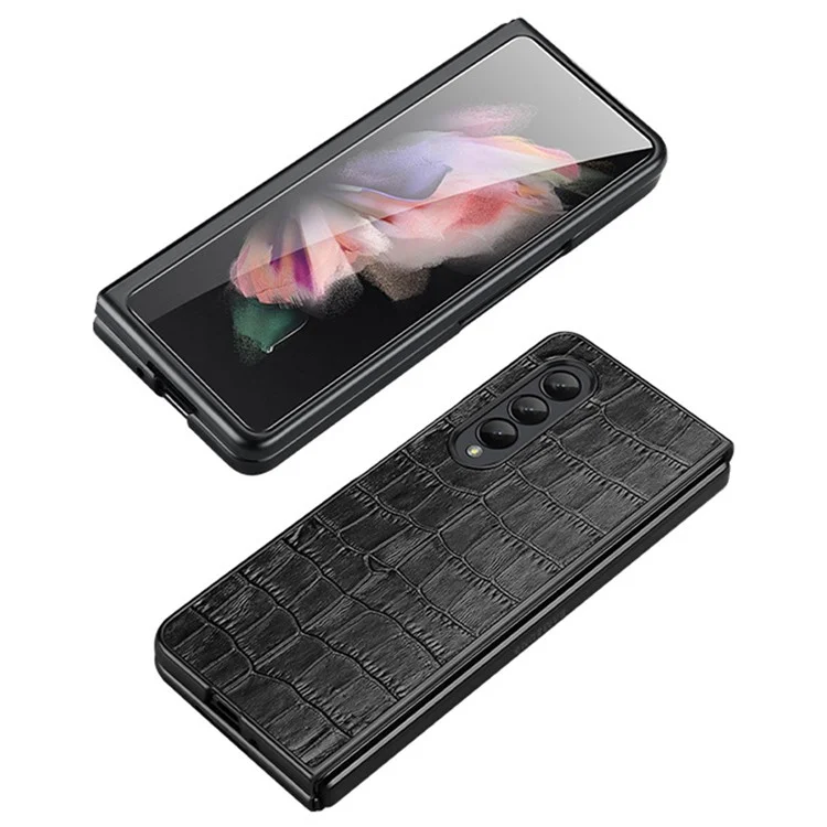 Pour Samsung Galaxy Z Fold4 5G Coque de téléphone en cuir véritable avec motif crocodile antichoc - Noir