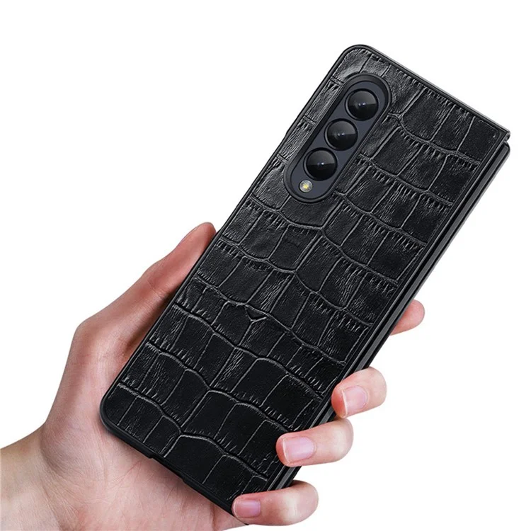 Pour Samsung Galaxy Z Fold4 5G Coque de téléphone en cuir véritable avec motif crocodile antichoc - Noir
