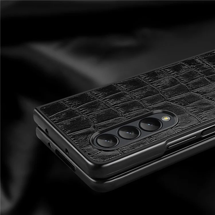 Pour Samsung Galaxy Z Fold4 5G Coque de téléphone en cuir véritable avec motif crocodile antichoc - Noir