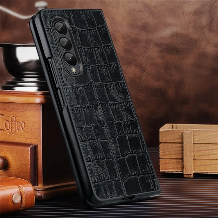 Pour Samsung Galaxy Z Fold4 5G Coque de téléphone en cuir véritable avec motif crocodile antichoc - Noir