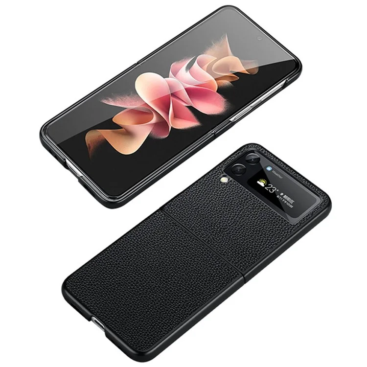 For Samsung Galaxy Z Flip4 5G Crocodile Texture Protective Cover Litchi Leather Cowhide Leather Coated PC Folding Anti-fall Mobile Phone Case - Black
