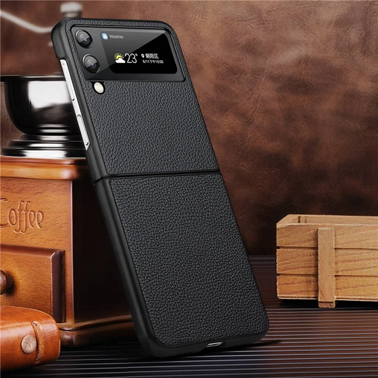 For Samsung Galaxy Z Flip4 5G Crocodile Texture Protective Cover Litchi Leather Cowhide Leather Coated PC Folding Anti-fall Mobile Phone Case - Black