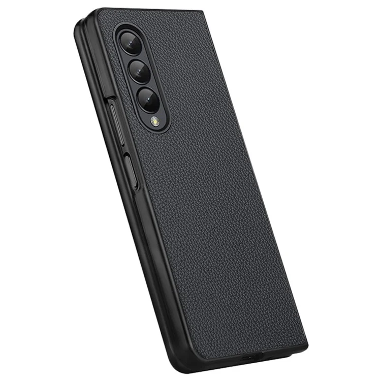 Pour Samsung Galaxy Z Fold4 5G Litchi Texture Anti-scratch Cell Phone Cover Genuine Leather Cowhide Leather Coated PC Folding Case - Noir