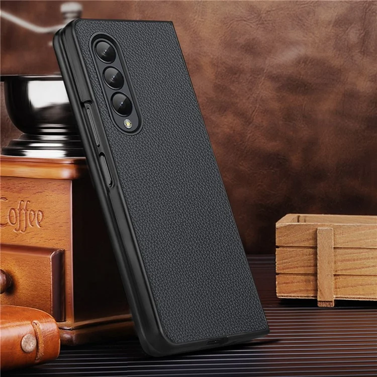 Pour Samsung Galaxy Z Fold4 5G Litchi Texture Anti-scratch Cell Phone Cover Genuine Leather Cowhide Leather Coated PC Folding Case - Noir