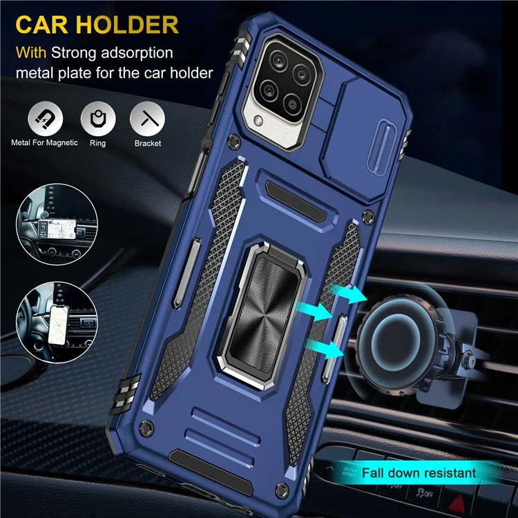 For Samsung Galaxy A12 / F12 / M12 Armor Series Hybrid Hard PC Soft TPU Shockproof Case Ring Car Mount Kickstand Back Shell with Camera Cover - Navy Blue