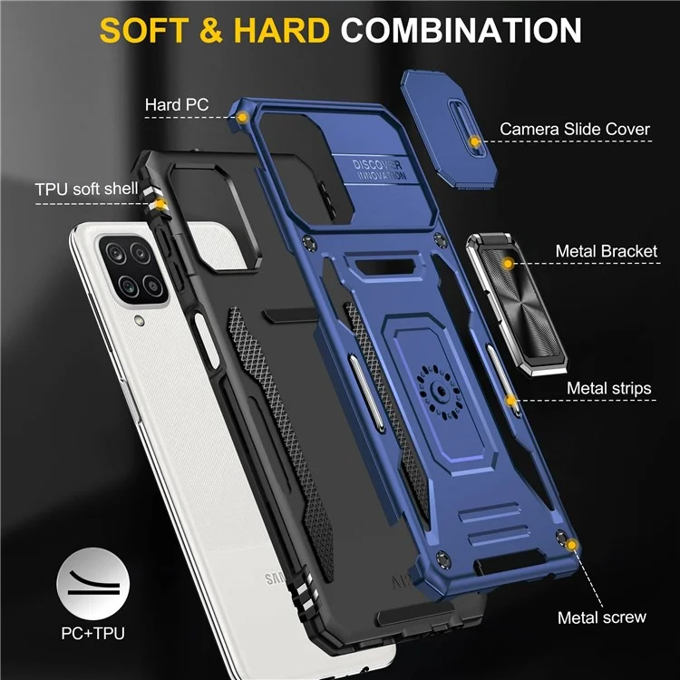 Para Samsung Galaxy A12 / F12 / M12 Armor Series Hybrid Hard PC Soft TPU Shockproof Case Ring Car Mount Kickstand Back Shell con Tapa de la cámara - Azul marino