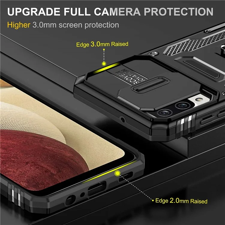 Für Samsung Galaxy A12 / F12 / M12 Armor Series Hybrid Hard PC Soft TPU Stoßfeste Hülle Ring Auto Halterung Kickstand Rückenschale mit Kameraabdeckung - Schwarz