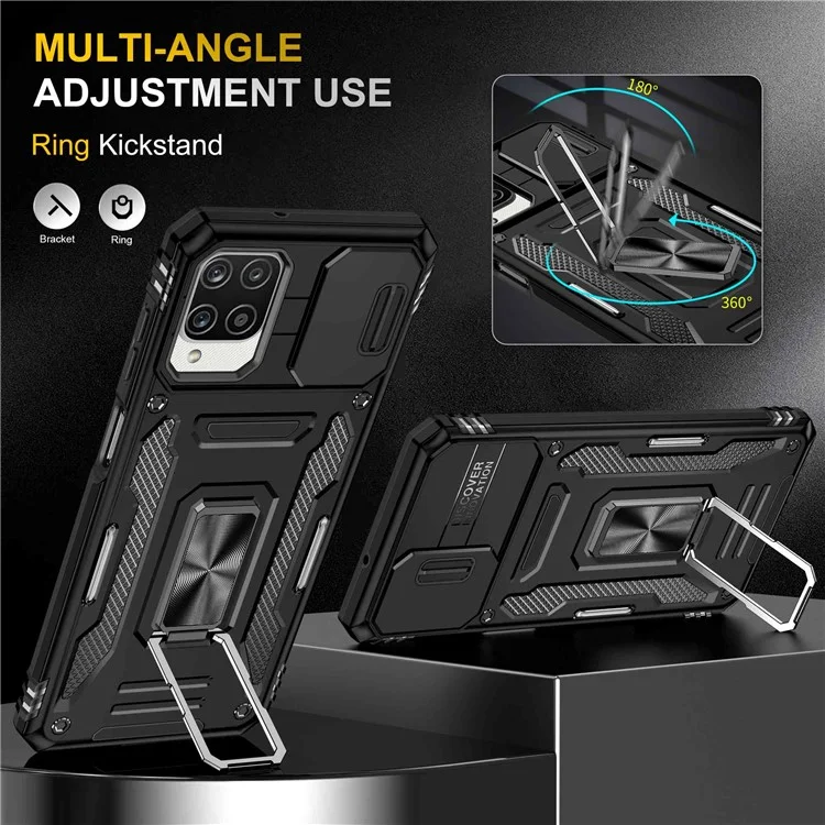 Für Samsung Galaxy A12 / F12 / M12 Armor Series Hybrid Hard PC Soft TPU Stoßfeste Hülle Ring Auto Halterung Kickstand Rückenschale mit Kameraabdeckung - Schwarz