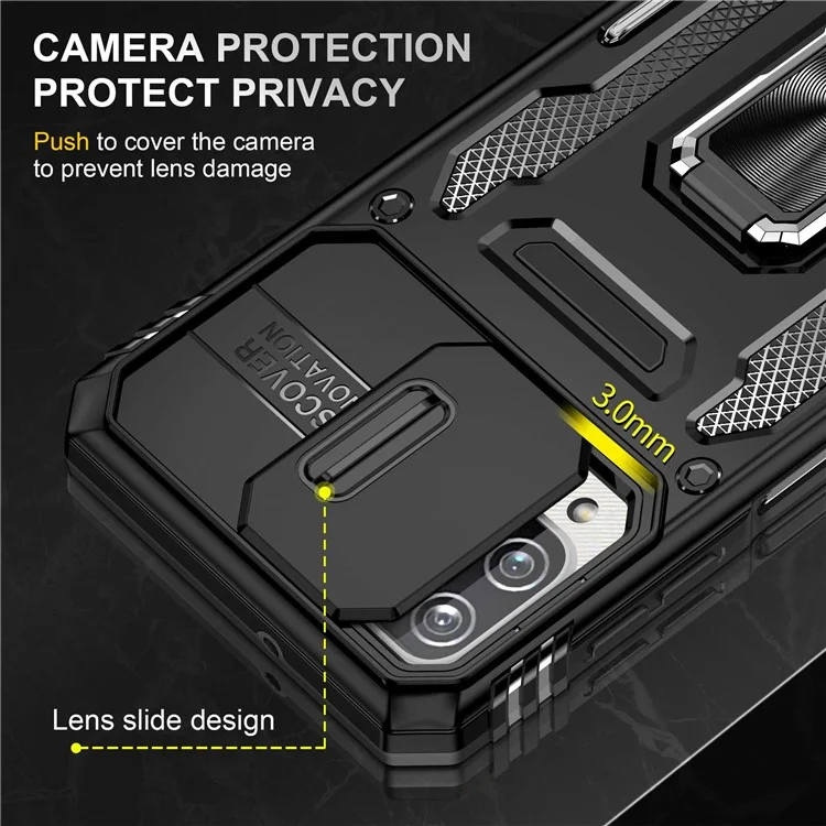 Für Samsung Galaxy A12 / F12 / M12 Armor Series Hybrid Hard PC Soft TPU Stoßfeste Hülle Ring Auto Halterung Kickstand Rückenschale mit Kameraabdeckung - Schwarz