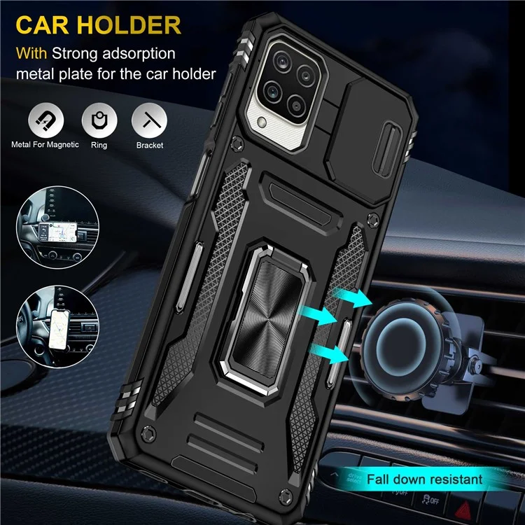 Für Samsung Galaxy A12 / F12 / M12 Armor Series Hybrid Hard PC Soft TPU Stoßfeste Hülle Ring Auto Halterung Kickstand Rückenschale mit Kameraabdeckung - Schwarz