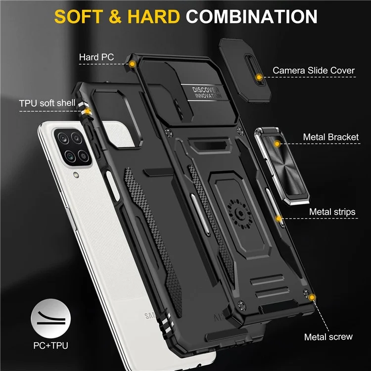Für Samsung Galaxy A12 / F12 / M12 Armor Series Hybrid Hard PC Soft TPU Stoßfeste Hülle Ring Auto Halterung Kickstand Rückenschale mit Kameraabdeckung - Schwarz