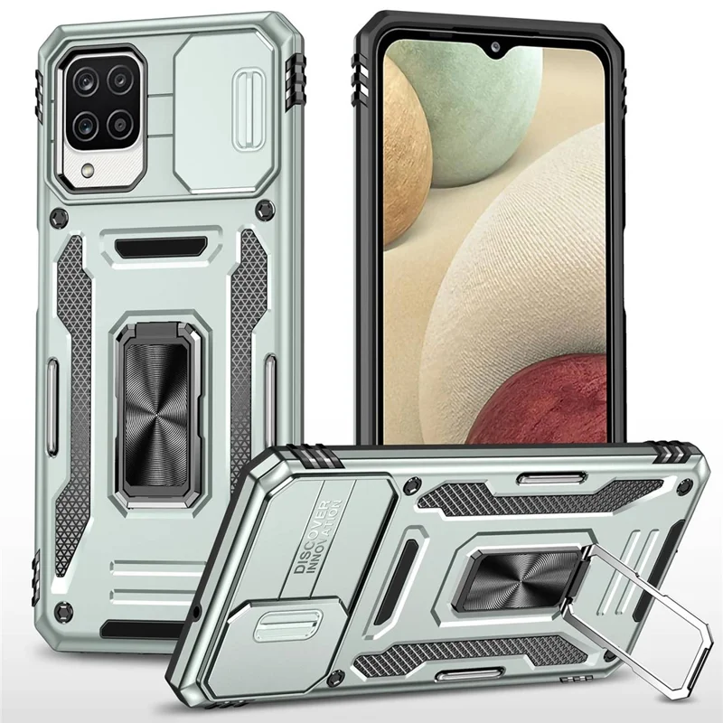 For Samsung Galaxy A12 / F12 / M12 Armor Series Hybrid Hard PC Soft TPU Shockproof Case Ring Car Mount Kickstand Back Shell with Camera Cover - Grey