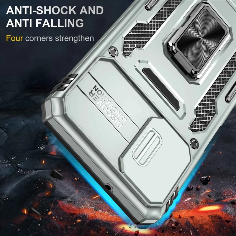 For Samsung Galaxy A12 / F12 / M12 Armor Series Hybrid Hard PC Soft TPU Shockproof Case Ring Car Mount Kickstand Back Shell with Camera Cover - Grey