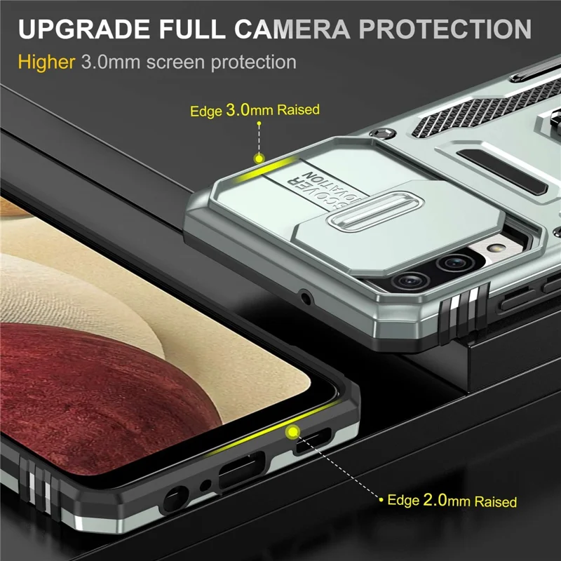For Samsung Galaxy A12 / F12 / M12 Armor Series Hybrid Hard PC Soft TPU Shockproof Case Ring Car Mount Kickstand Back Shell with Camera Cover - Grey