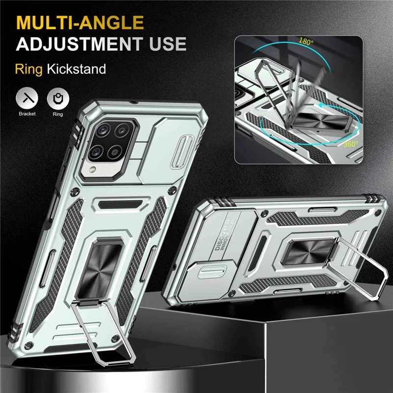 For Samsung Galaxy A12 / F12 / M12 Armor Series Hybrid Hard PC Soft TPU Shockproof Case Ring Car Mount Kickstand Back Shell with Camera Cover - Grey