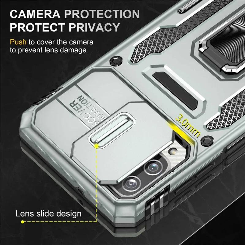 For Samsung Galaxy A12 / F12 / M12 Armor Series Hybrid Hard PC Soft TPU Shockproof Case Ring Car Mount Kickstand Back Shell with Camera Cover - Grey