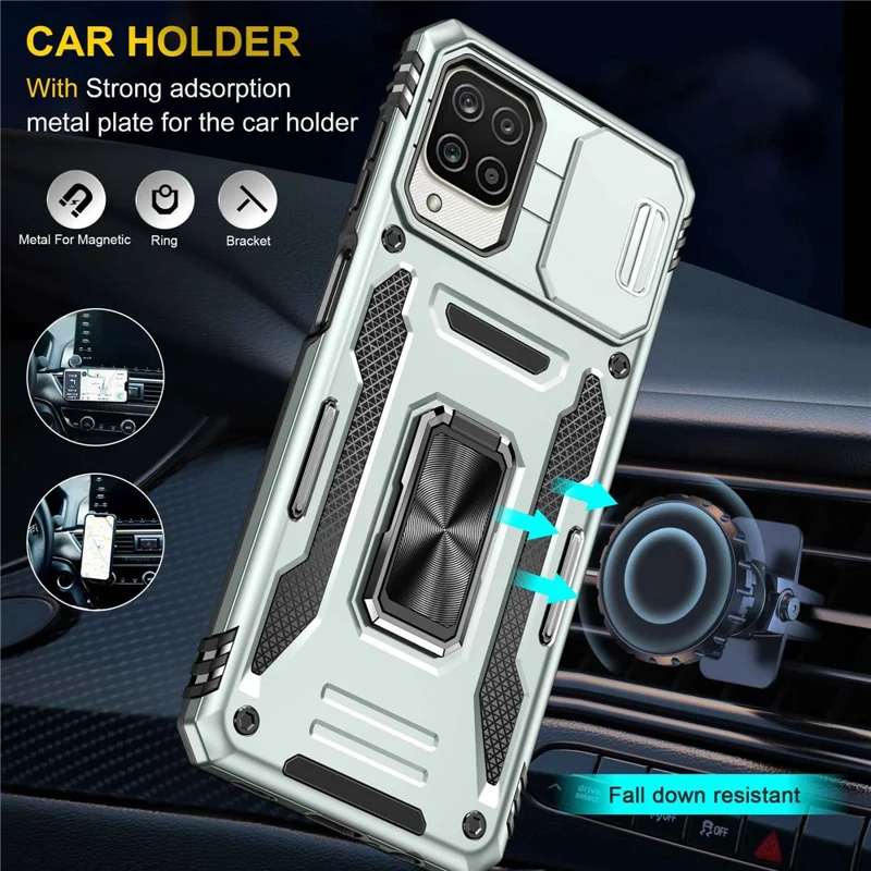 For Samsung Galaxy A12 / F12 / M12 Armor Series Hybrid Hard PC Soft TPU Shockproof Case Ring Car Mount Kickstand Back Shell with Camera Cover - Grey
