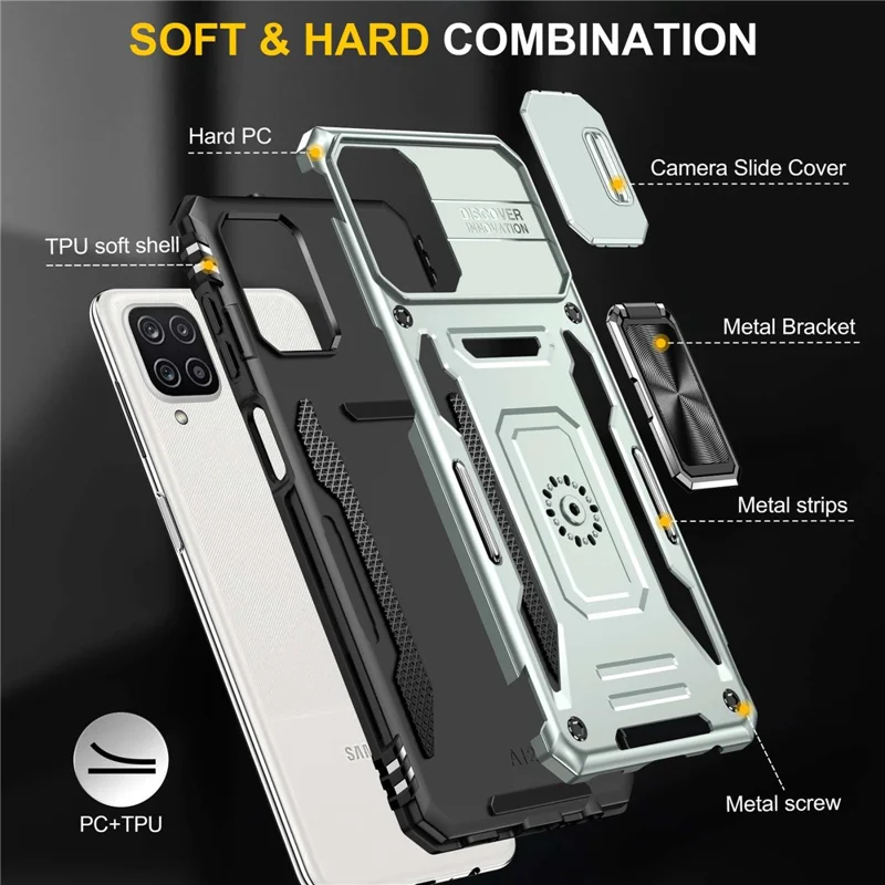 For Samsung Galaxy A12 / F12 / M12 Armor Series Hybrid Hard PC Soft TPU Shockproof Case Ring Car Mount Kickstand Back Shell with Camera Cover - Grey