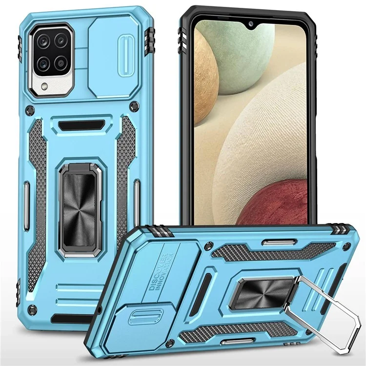 For Samsung Galaxy A12 / F12 / M12 Armor Series Hybrid Hard PC Soft TPU Shockproof Case Ring Car Mount Kickstand Back Shell with Camera Cover - Light Blue